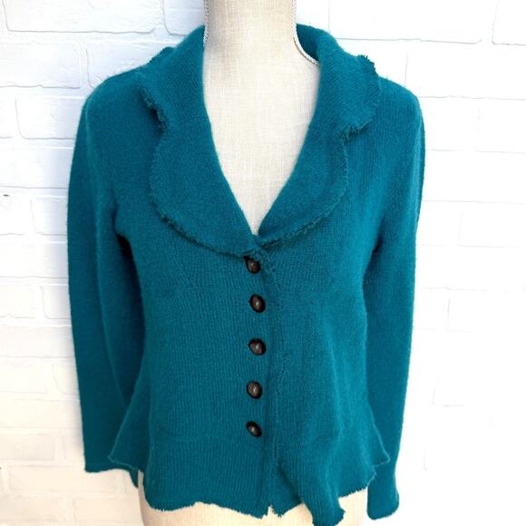 Nine West Women's Turquoise Blue Wool Blend Scalloped Collar Cardigan sz M - Picture 1 of 7